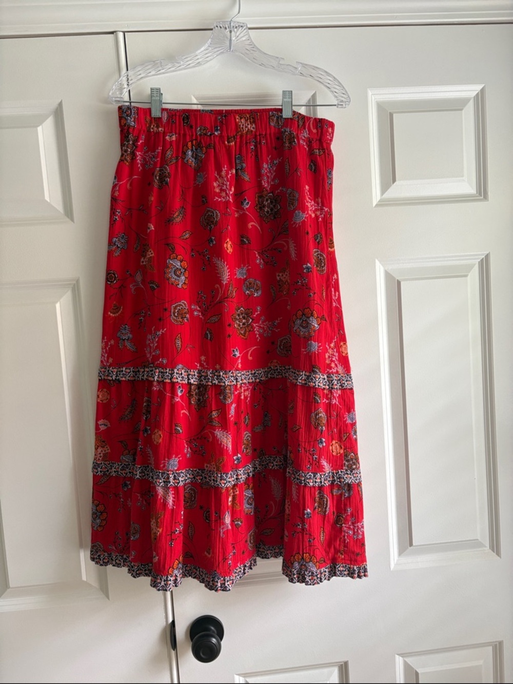 J Jill Red Floral Tiered Midi Skirt